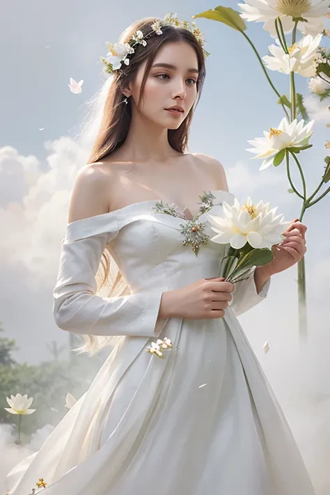 Cropped image of a woman in a white dress, beautiful digital art, ethereal beauty, goddess of flowers, with lotus flowers around, with ethereal effect of flowers, a beautiful woman beautiful wearing white petals, white, gorgeous digital art, elegant digita...