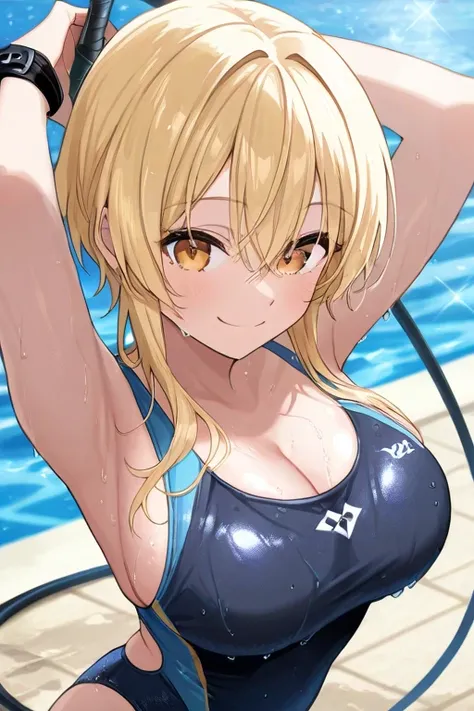  competitive swimsuit、Blonde、 high definition、smile、 big breasts、 whip、 wet skin、 raises arms
