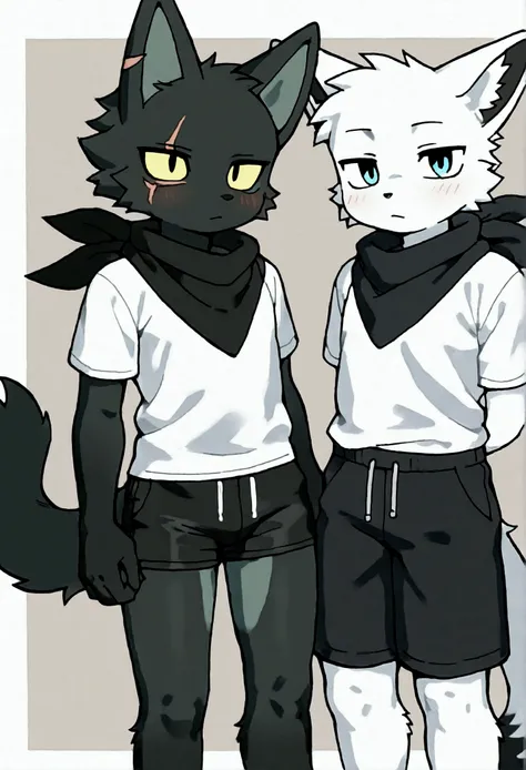  A furry teenage boy with white fur  ,    having a dark blue eye and a black eye and having thin and tall legs  ,     having a scar on one eye in the color black    ,   having short male hair   ,   and wearing a black scarf around his neck and wearing a wh...