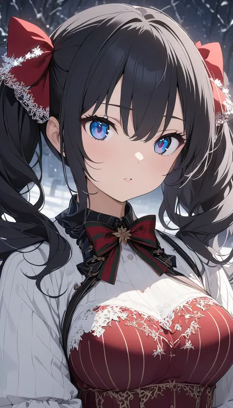 Alone, masterpiece,  top quality ,  very detailed,  detailed description ,  is written by,  anime screenshot、( slim、1 person, cute young woman,  medium breasts, black hair、 twin tail hair 、Long side bangs、Azure Eyes、red large lace hair bow),delicate beauti...