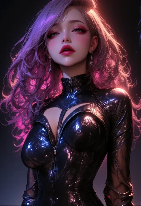  Tight Black Bodysuit ,  Pull down the zipper ,  Fashion :1.4,   charming, sex,   ,  成熟女sex,  Big Breasts ,  sex感胸部, (( hard and lick your lips with your tongue:1.2, sex感的舌头,  Moist Glowing Tongue  , ism , Artistic)),  戏剧sex的灯光  , 8K,   Cinematic Compositi...