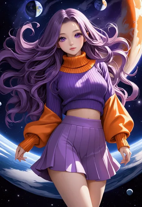 Fille sexy japonaise en jupe courte avec des planètes et long cheveux rose et orange en pull violet 