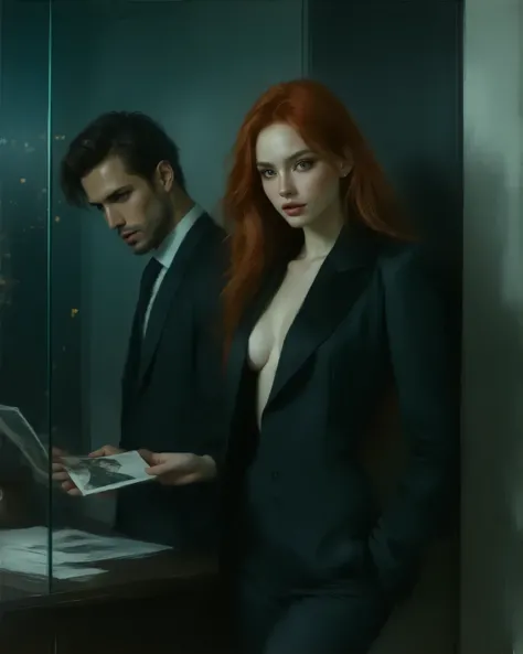 A dramatic scene inspired by a love story filled with betrayal and intrigue. The image shows a strikingly handsome man in a tailored suit with a guarded, intense expression, sitting behind a sleek desk in a modern office. Across from him, a stunningly attr...