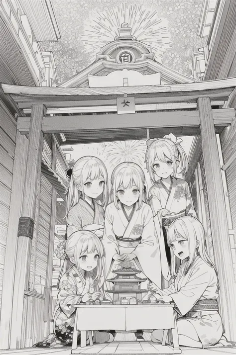 A detailed black-and-white illustration in the style of anime and manga, designed specifically for coloring purposes, suitable for both young and adult audiences. The scene features a group of friends in elegant traditional Japanese kimonos, celebrating th...