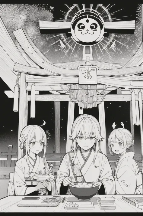 A detailed black-and-white illustration in the style of anime and manga, designed specifically for coloring purposes, suitable for both young and adult audiences. The scene features a group of friends in elegant traditional Japanese kimonos, celebrating th...