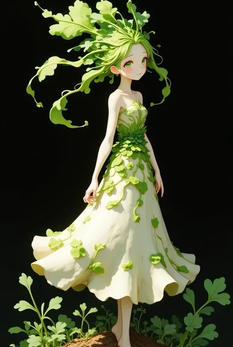 Product image, PVC Barbie doll with radish lady style(daikon lady, slender, green eyes, green leaves long hair, smile, wearing daikon dress), (simple background, Black background color)