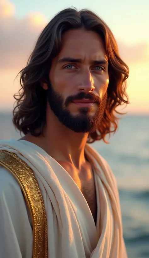 
" A realistic representation of Jesus Christ in a vertical 9:16 format .  The image shows Jesus from the front ,  with a highly detailed face , serene and welcoming eyes .  He has wavy brown hair at shoulder height , A well-groomed beard,  and wears a sim...