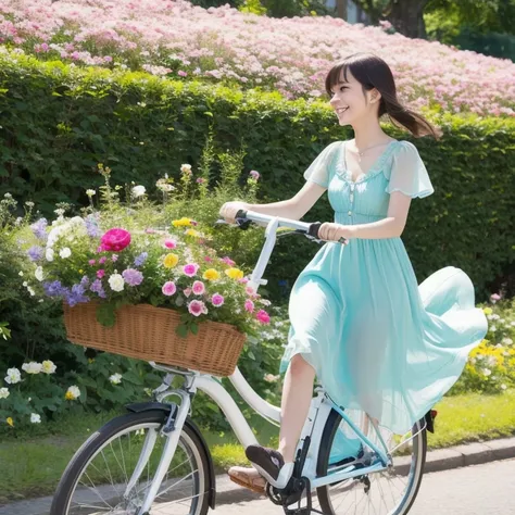 A beautiful woman is riding a bycycle in the flowers hill. She Is wearing a summer dress. A beagle is running on the ground.