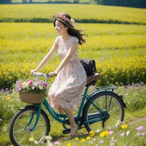 A beautiful coupke are riding a bycycle in the flowers field and  hill. She Is wearing a summer dress. 