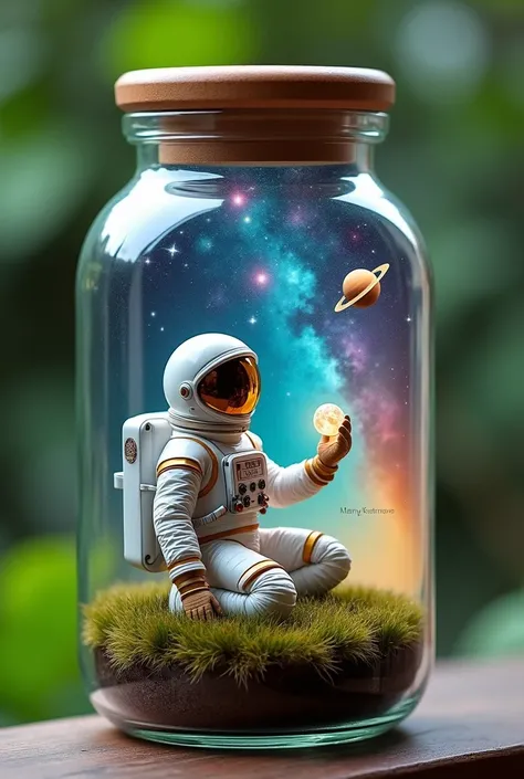 A glass jar contains a magical galactic scene. Inside the jar, there is an astronaut in a white suit with gold trim and helmet, sitting on a grassy ground and holding a small moon in his hand. The background is a vibrant cosmos with colorful nebulas and st...