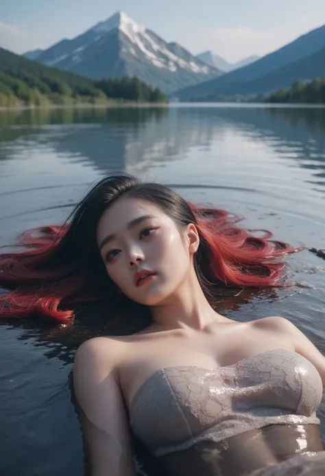 (  ultra high definition, masterpiece, 8k),   Mountain Deep Pond, Fallen Girl  ,  Korean girl with red hair, excessive bleeding , bust,  big boobs,  lying down ,  black hair 