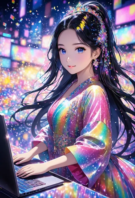 a woman in a colorful gown with glitter on her clothes on a computer screen, 1girl, solo, black hair, long hair, dress, looking at viewer, blurry