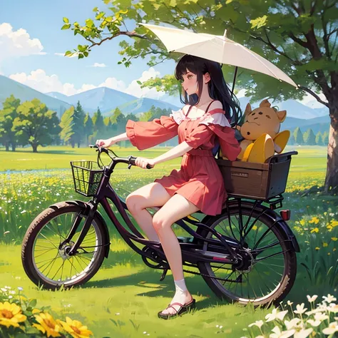 A beautiful coupke are riding a bycycle in the flowers field and  hill. She Is wearing a summer dress. 