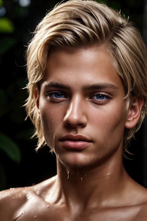 a blond young tanned boy, wet skin, flawless muscular body, detailed facial features, beautiful eyes, full lips, long eyelashes, serene expression, natural lighting, realistic, photorealistic, masterpiece, high quality, 4k, ultra detailed