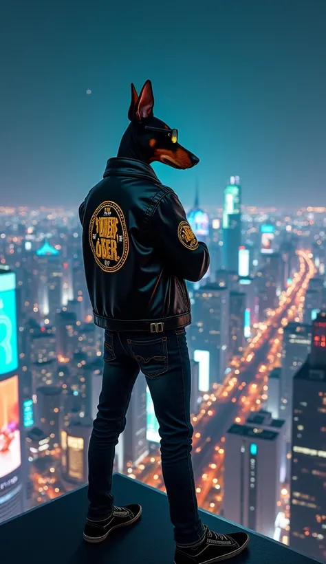 

A hyperrealistic Doberman standing at the top of a futuristic skyscraper, overlooking a vast, sprawling city at night. The Doberman is dressed in a custom black leather jacket with $DOBER embossed on the back in gold, paired with black jeans, sunglasses ...