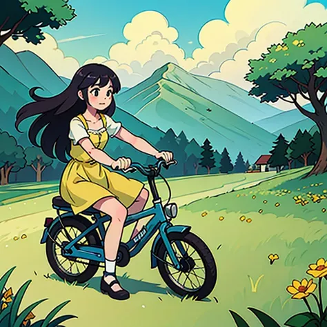 A beautiful coupke are riding a bycycle in the flowers field and  hill. She Is wearing a summer dress. 