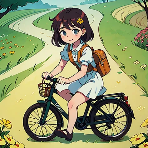 A beautiful coupke are riding a bycycle in the flowers field and  hill. She Is wearing a summer dress. 