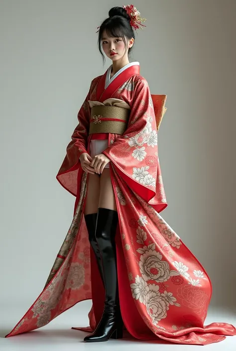 japanese woman in kimono with shiny thigh high boots full frame