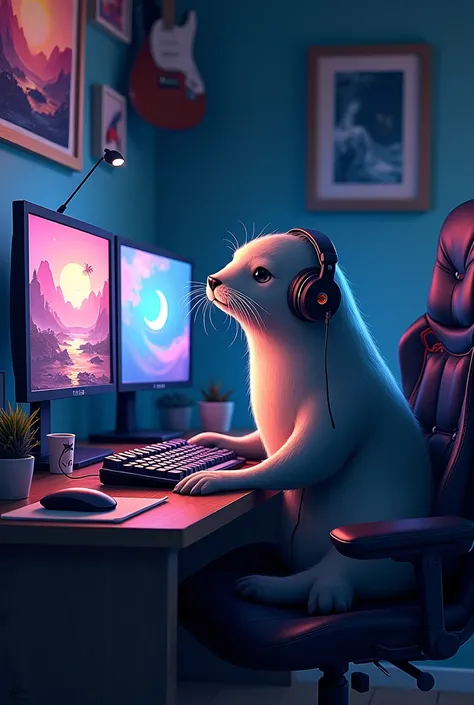 Create me a picture of a seal with a gaming setup with 2 monitors
