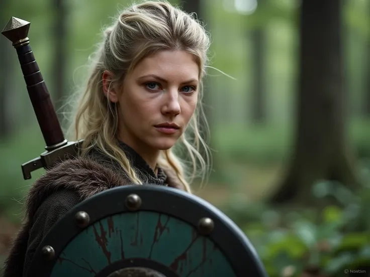  Lagertha warrior with sword and round viking shield in a forest. Close up and face sexy 