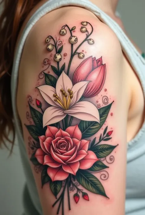 Lily of the valley, rose, lotus bouquet tattoo
