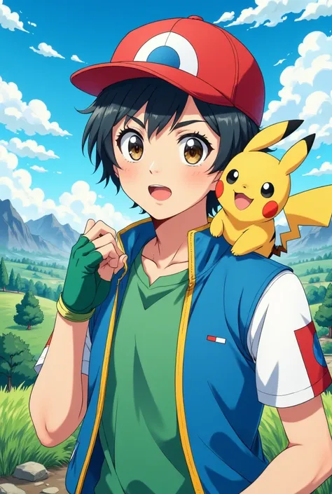 A vibrant anime-style digital illustration featuring ((Pivalora1)) reimagined as Ash Ketchum, embodying the classic Pokémon anime aesthetic. He sports short black hair, a red and white cap with the iconic Pokéball symbol, and brown eyes filled with enthusi...