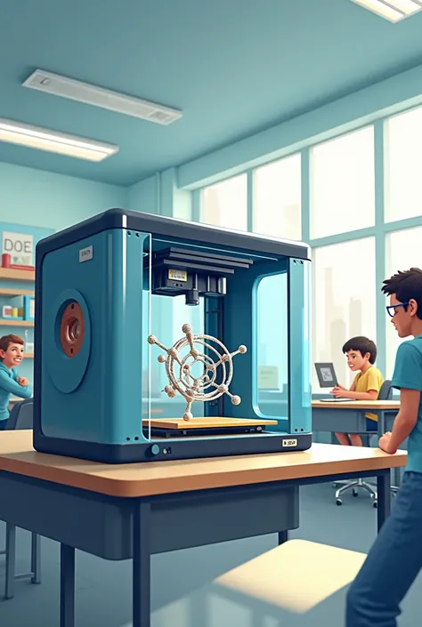 vector illustration of a 3D printer printing a chemical structure in a classroom
