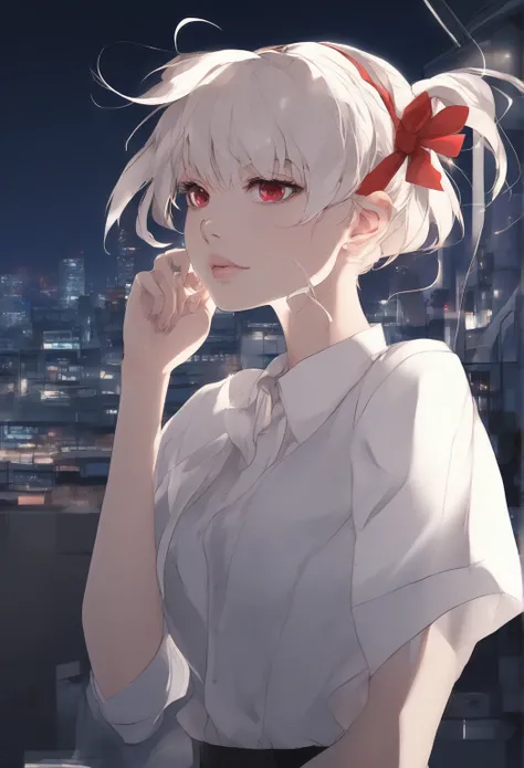 masterpiece, best quality, very aesthetic, 1girl, solo, tohno akiha, tsukihime, white hairband, white shirt, red bow, lips, pout, blush, hand on own hip, looking away, upper body, indoors, backlighting, night, (dark), city