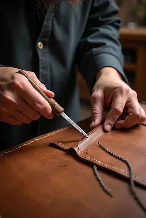 Prompt 2:
"A scene showing precise cutting of leather with sharp tools, reflecting high craftsmanship. The setting includes an Islamic-inspired workshop environment with clear details of the leather texture and cutting process. Ultra HD, 4K quality, with t...