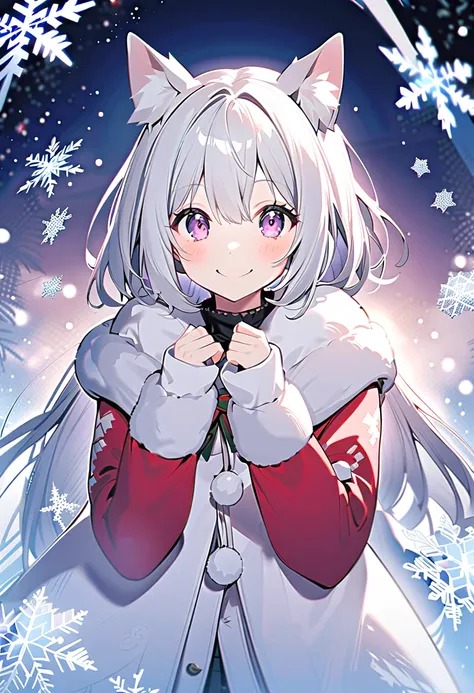 winter，smile，Dog ears girl， silver hair，   Christmas， Christmasツリー， Snowflakes ，White Ear，Cunning