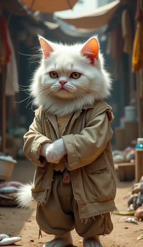 In realistic image , 8K.  a small persian cat with white fur full of dust and dirty .  like a human wearing a torn and wide shirt and pants.  in the middle of a traditional market with a sad and moody expression .
 Standing in front of a fish seller with a...