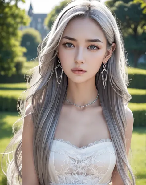 ,   in landscape,  ,   Silver Hair,   super long wavy hair  , trimming hair ,   hair that shines with makeup ,   thread like smooth hair  ,  Expressive hair ,  beautiful natural forehead ,   very white skin  ,  Very beautiful skin ,  Narrow eyes,   outer e...