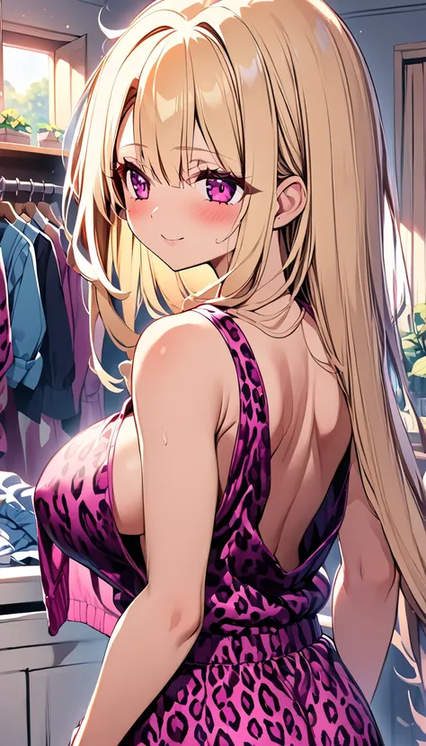  One girl 　 cute girl　 anime style 　Anime Face　 anime style　Beauty　Big Breasts　magenta leopard print with lace ブラジャー　magenta leopard print with lace Ｔback　very small Ｔback　Extremely thin Ｔback　Blonde hair　 straight hair 　 long hair　 room at home with lots ...