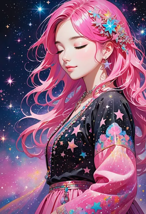 a girl is wearing bright pink hair, with the stars being her own, 1girl, solo, jewelry, closed eyes, long hair, necklace, black hair, multicolored hair