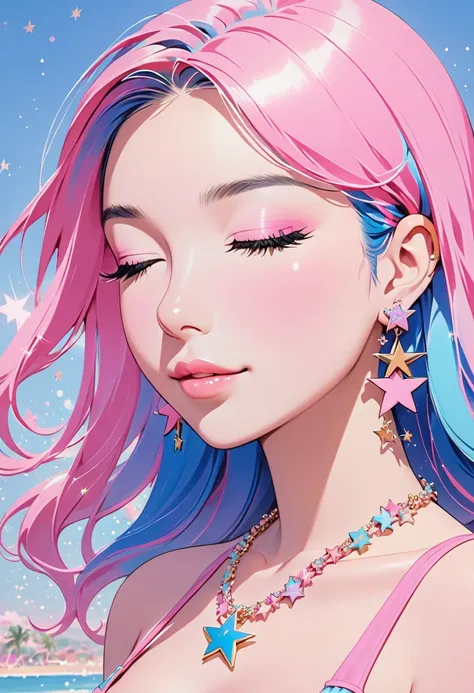 a cartoon woman with blue hair in pink and pink bikini top and necklace, 1girl, jewelry, necklace, solo, breasts, closed eyes, multicolored hair, black hair, earrings, star (symbol), parted lips, pink hair, star necklace, long hair, star earrings, lips