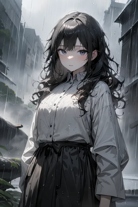  Female Focus, Black Hakama,  Outdoor, rain,, (masterpiece), ( top quality ), ( super detailed ),  very aesthetic,  illustrations,  tousled hair,  perfect composition, Moist Skin,  exquisite details, watching viewers 