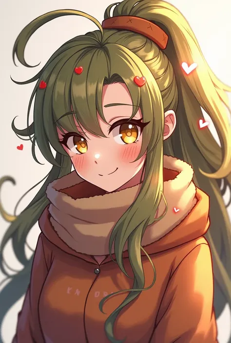  Medusa ,  ponytail, Diagonal bangs,  smiles,  golden eyes, Slanted Eyes,  with sparkling eyes , Hearts in eyes,  Character Design,  hoodie,  muffler , 