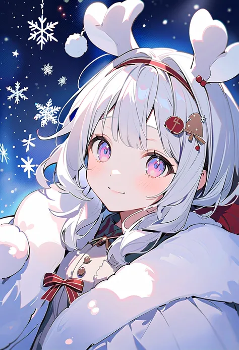 winter，smile，Dog ears girl，  Silver Hair，    Christmas，  Christmasツリー，  Snowflakes  ，White Ear，Cunning， Christmasの赤い帽子， reindeer