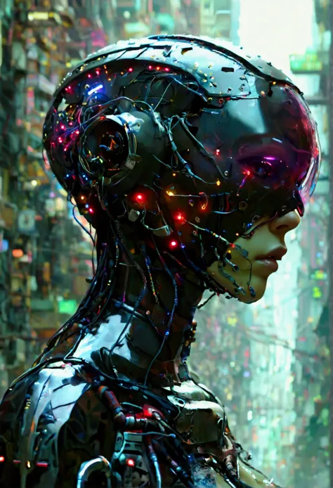 A person with cyberpunk-style mechanized body parts stands out. Its transparent skin reveals circuits and cables, while their eyes glow with colored LEDs. The members are a mixture of flesh and metal, with advanced prosthetics and cybernetic interfaces.  s...