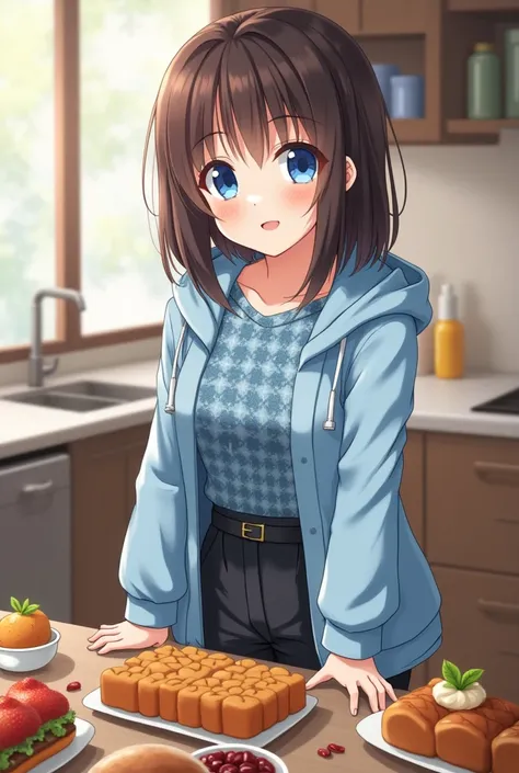  you can make an 18-year-old girl ,  white skin ,  dark brown hair ,  waist length,  sky blue eyes, light blue flannel , light blue jacket and black pants ,  that in front of a table with lots of delicious foods, anime style  