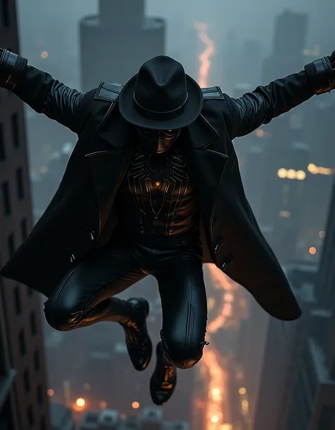 Spider-Man dressed in a black overcoat and black leather mask like that of Spider-Man Noir, Antique black hat, black leather clothing, Old Black Aviation Ocolus ,  jumping off a building at night in an epic pose 