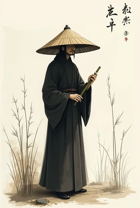 a man,(Zen priest),(with a deep sedge hat,tha covered face completely ), (Japanese bamboo flute), black and white style , illustrations,Abstract Painting