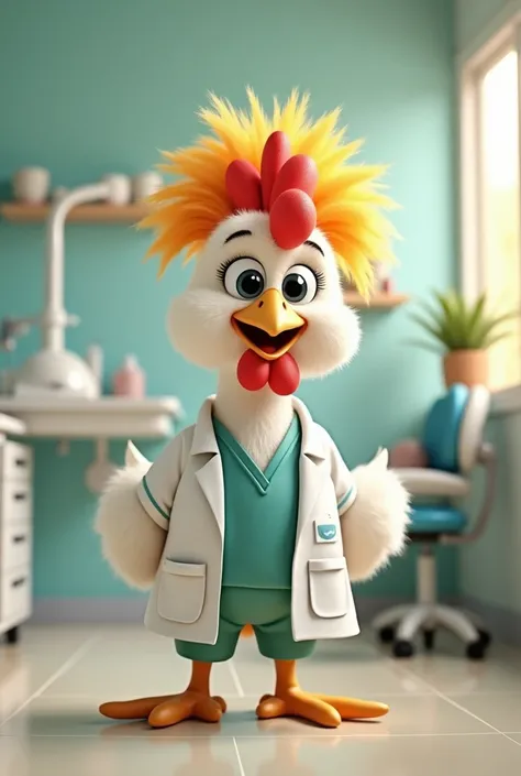 A chicken is a dentist and has hair 