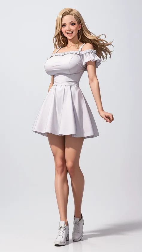 （（（Perfect figure, full body pose, standing up sexy figure, white shoes, figure，solo， White and tender skin，（（（Cyberpunk，short sleeves, shoulder off cleaveage dress, , ））），（（（MiaChadef, long hair, blonde hair, brown eyeasterpiece)),high resolution, ((Best ...