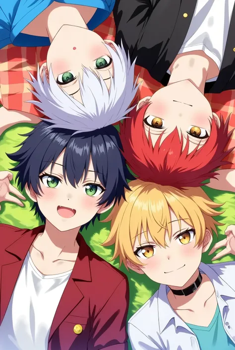 , anime illustration of four gay boys lying with their faces turned to the camera at the top angle, No ceiling,colorful background,cheerful atmosphere, detailed character design , vibrant colors, one with white hair , the other with black hair the other w...