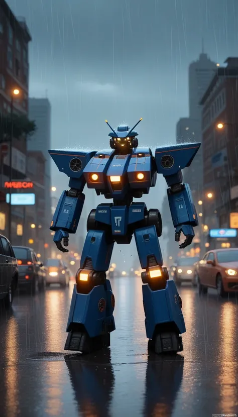 Photorealistic, HD, 8K, "Create a highly realistic, HD image of a massive blue mecha robot standing in front of the iconic Gateway of India in Mumbai during a rainy evening. The mecha, built by the Indian car company Maruti Suzuki, prominently features the...