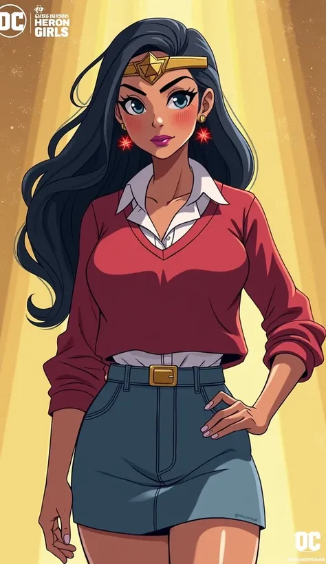 (Close up), (Close up from top of head to bottom of thigh) ((Diana Prince from DC Super Hero Girls 2019)), Diana is a slender, beautiful and tall and tan-skinned young Amazonian demigod with an athletic and fit hourglass figure, thick black eyebrows, sky-b...