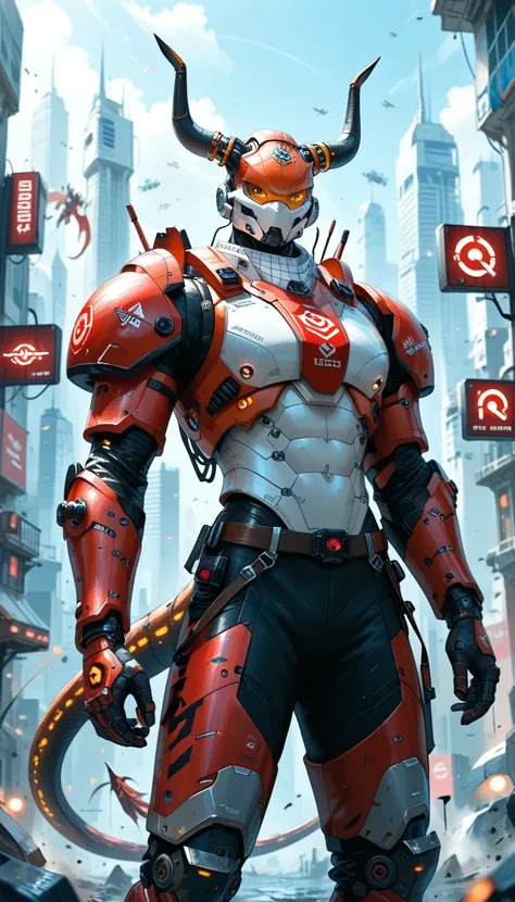 " A Scorpion-themed robotic warrior ,  displaying matte black titanium armor and lines of pulsating red light .  The design includes a retractable tail with sharp blades and shoulder pads shaped like technological tweezers. The eyes glow in intense yellow ...