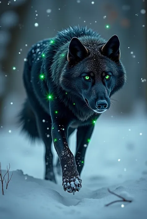  Noche is a magic wolf with fur as dark as midnight ,  dotted with flashes of bright stars that light up when he runs through the snow.  His eyes are emerald green ,  full of wisdom and mystery ,  and his tail is shaped like a cloud of snow that always fal...