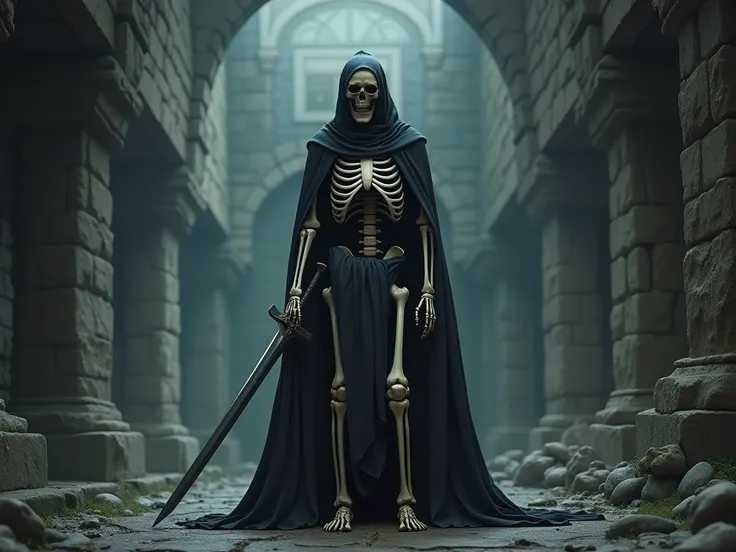 full body of a rpg character: skeleton, sword in hands, dungeon background, high quality, realistic